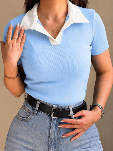 تیشرت یقه‌دار زنانه کبریتی آستین کوتاه